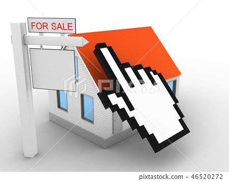 3d illustration of house with cursor and sale sign - Stock Illustration ...