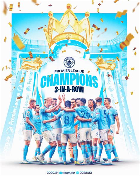 曼城官推晒海报祝贺球队提前收获英超冠军：三连冠🏆-直播吧