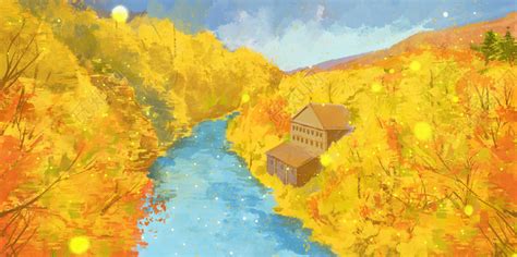黄色唯美手绘油画秋季树林河流风景原创背景插画素材免费下载 - 觅知网