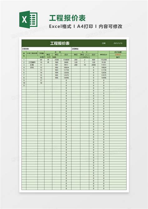 工程报价单通用Excel模板下载_熊猫办公