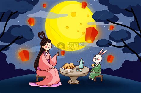 嫦娥兔子赏月吃月饼插画图片下载-正版图片400496938-摄图网