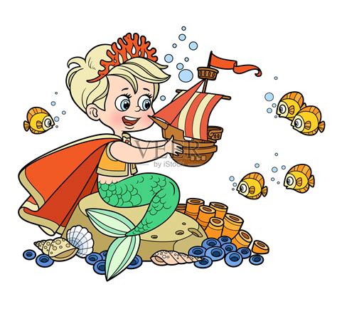 可爱的小美人鱼王子戴着珊瑚王冠插画图片素材_ID:421534094-Veer图库