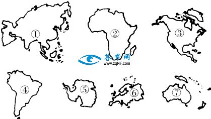 读七大洲轮廓图，分析回答：（1）世界上面积最大洲的代号及名称是______；面积最小的洲代号及名称是______（2）绝大部分位于东半球的大洲 ...