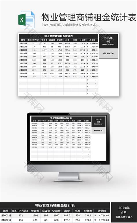 物业管理商铺租金统计表Excel模板_千库网(excelID：189050)