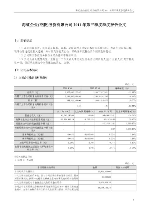 海虹控股：2011年第三季度报告全文