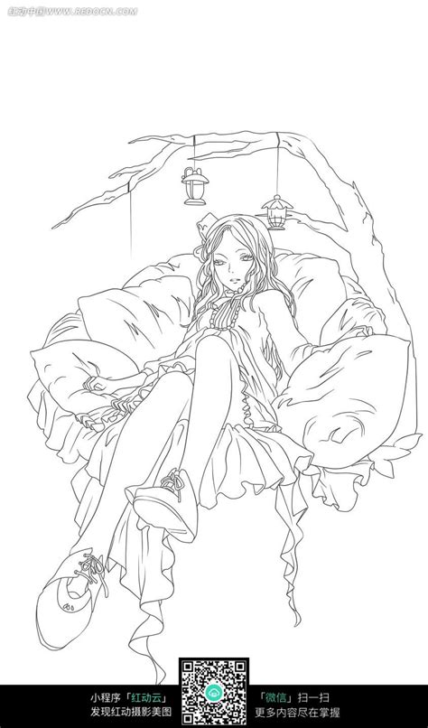 躺在吊床上的美少女手绘线稿插画图片免费下载_红动中国