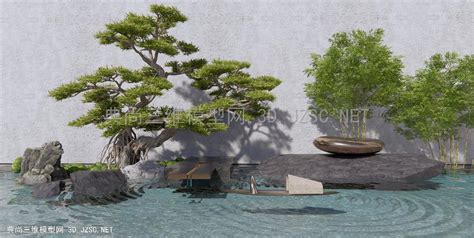 日式中庭庭院景观 假山水景 跌水景观 石头 植物景观 树木13dmax模型 庭院景观3dmax模型