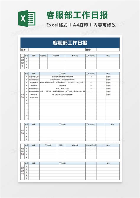 客服部工作日报Excel模板下载_熊猫办公