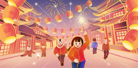 春节习俗元旦节新年烟花2021年春节街道放鞭炮的儿童海报插画图片素材免费下载 - 觅知网