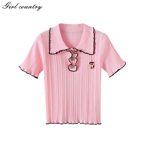 高级感香风针织短袖女夏翻领荷叶边修身冰丝T恤粉色polo衫短上衣-淘宝网