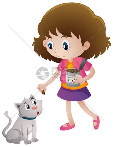 小女孩喂宠物猫插图插画图片下载-正版图片402322090-摄图网