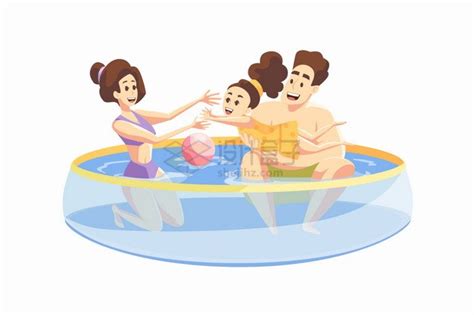 和卡通爸爸妈妈在塑料游泳池中玩耍的孩子六一儿童节亲子关系png图片素材 - 设计盒子