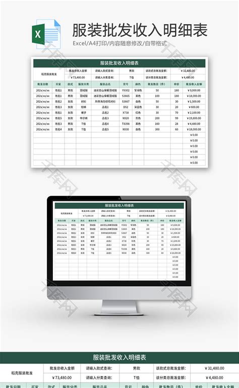 服装批发收入明细表Excel模板_千库网(excelID：176090)