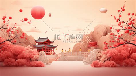 中国风红色立体感建筑15插画图片-千库网