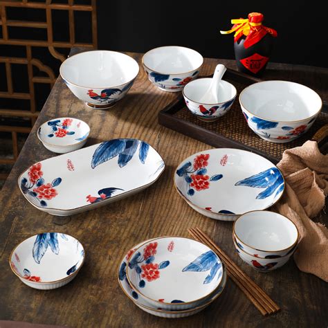 批发中式国潮风国画水彩复古水墨印彩盘子汤碗碟家用陶瓷餐具套件-阿里巴巴