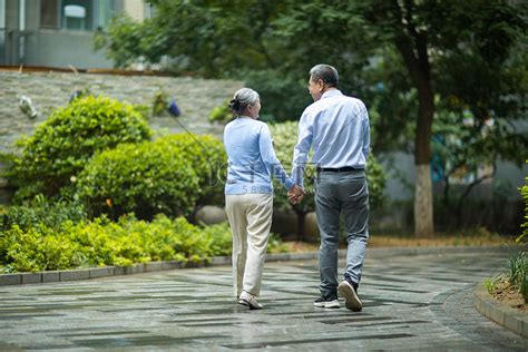 老年生活白天一对老夫妻的背影户外手拉手散步摄影图配图高清摄影大图-千库网