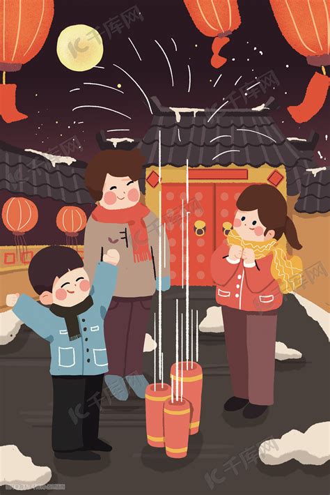 春节传统习俗放鞭炮手绘插画素材图片免费下载-千库网