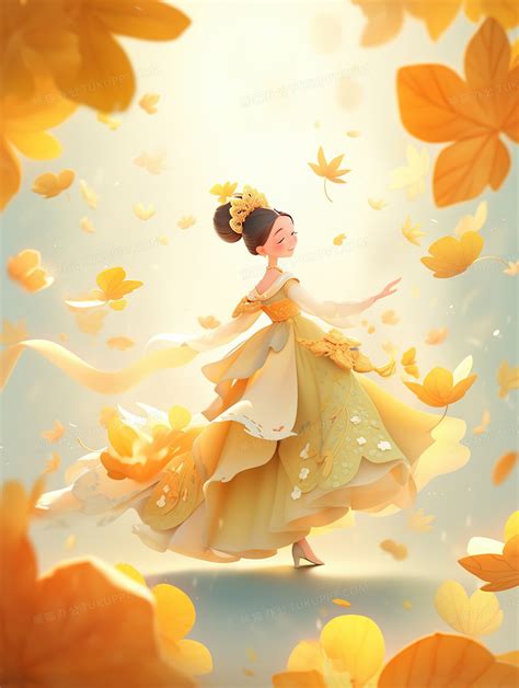 在漫天金色落叶和花瓣中起舞的美丽女孩创意插画图片素材下载_jpg格式_熊猫办公