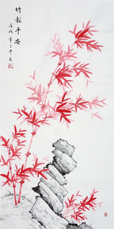四尺竖幅红竹，名家写意国画-精品书画,一手货源,木微画院名家书画真迹