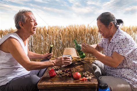 老年夫妇在麦田喝酒高清图片下载-正版图片507643015-摄图网