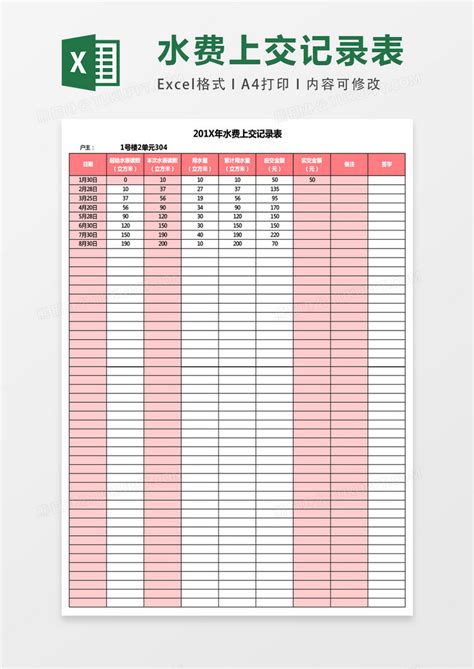 水费上交记录表表格Excel模板下载_熊猫办公