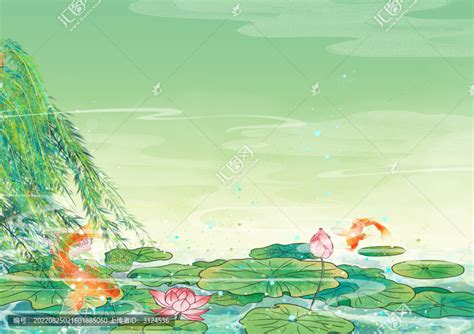 荷花荷叶柳树国风插画,自然风景,设计素材,设计模板,汇图网www.huitu.com