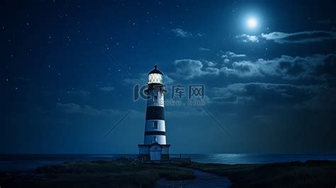 夜间蓝天下的黑白灯塔高清摄影大图-千库网