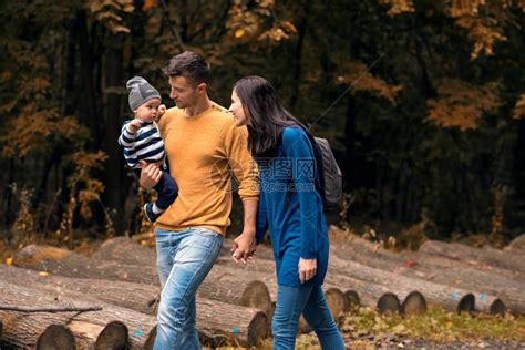 带着婴儿在秋林中手牵走路的高清图片下载-正版图片502700442-摄图网