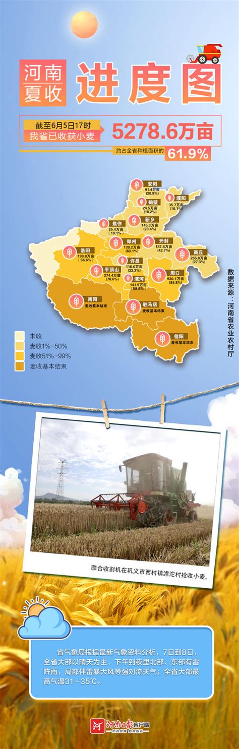地图海报丨河南夏收进度图 麦收重心将转至黄河以北（截至6月5日）-大河网