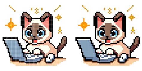 vector pixel art icon with Siamese cat typing on a computer with a surprised face on a white ...