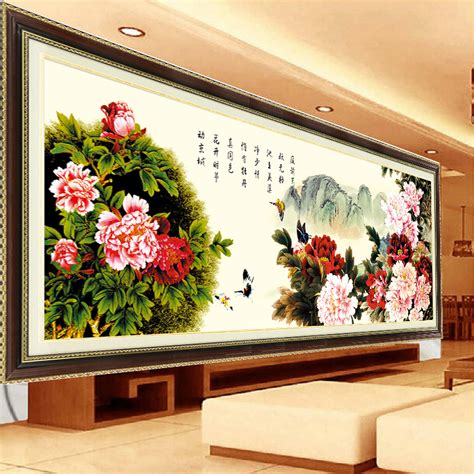 新中式牡丹花玄关入户装饰画客厅茶室背景墙壁画花开富贵圆形挂画-淘宝网
