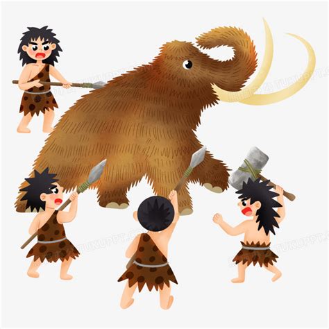 手绘插画风原始人狩猎长毛象免抠元素PNG图片素材下载_原始人PNG_熊猫办公