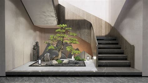 新中式楼梯间景观小品 玄关造景 假山 石头 迎客松SU模型 楼梯SU模型