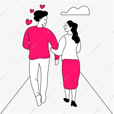挽着手臂对视的情侣情人节线条人物插画素材图片免费下载-千库网