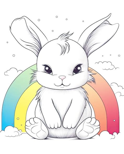 白い背景に美しい虹を持つかわいいウサギのイラスト 白い背景に雲と虹と一緒に座っているウサギの子 子供と大人向けのかわいいウサギの子のデザイン ...