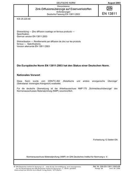 DIN EN 13811:2003 DE - Sherardisieren - Zink-Diffusionsüberzüge auf ...