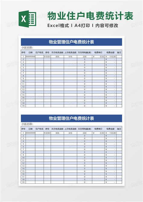 物业管理住户电费统计表Excel模板下载_熊猫办公