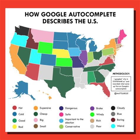 A map of U.S. states as described by Google Autocomplete