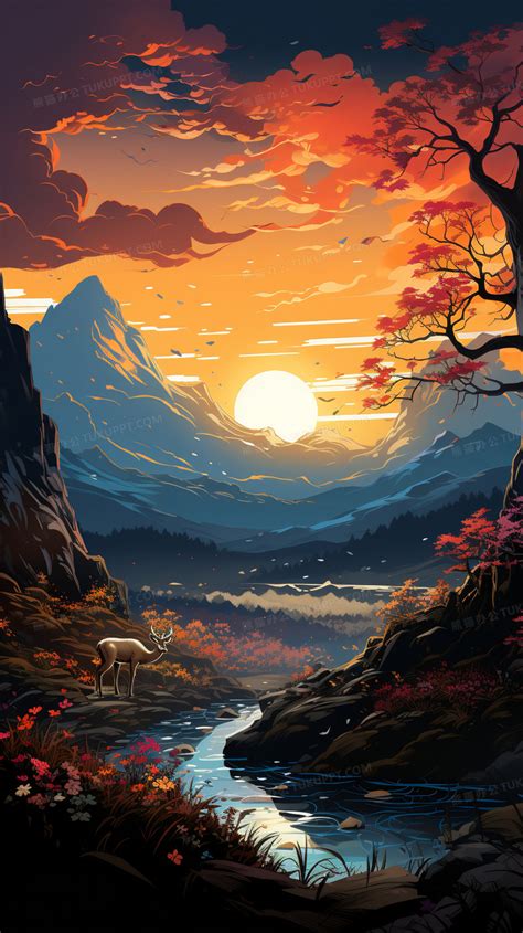 秋天早晨太阳初升唯美的树林图片插画图片素材下载_jpg格式_熊猫办公