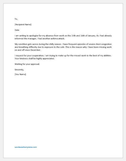 Excuse Letter for being Absent from Work due to Personal Reason | Word ...
