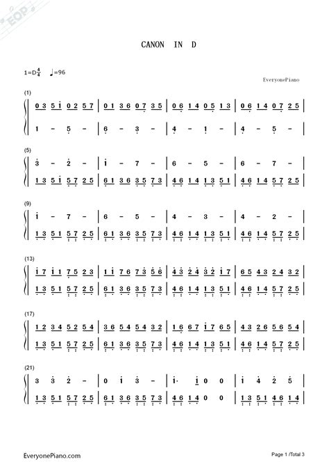 卡农简单好听版-EOP教学曲双手简谱预览1-钢琴谱文件（五线谱、双手简谱、数字谱、Midi、PDF）免费下载