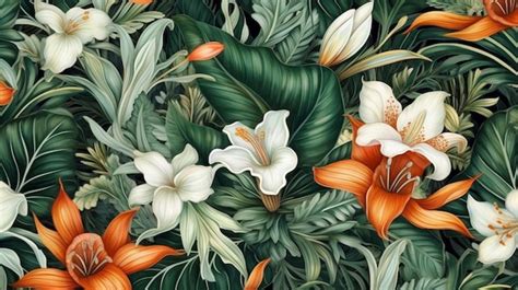 Un patrón floral tropical con lirios y hojas. | Foto Premium