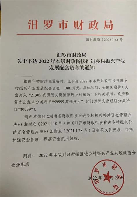 汨罗市财政局关于下达2022年本级财政衔接推进乡村振兴产业发展配套资金的通知