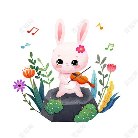拉小提琴的小兔子音乐儿童动物png音乐元素插画素材下载 - 觅知网