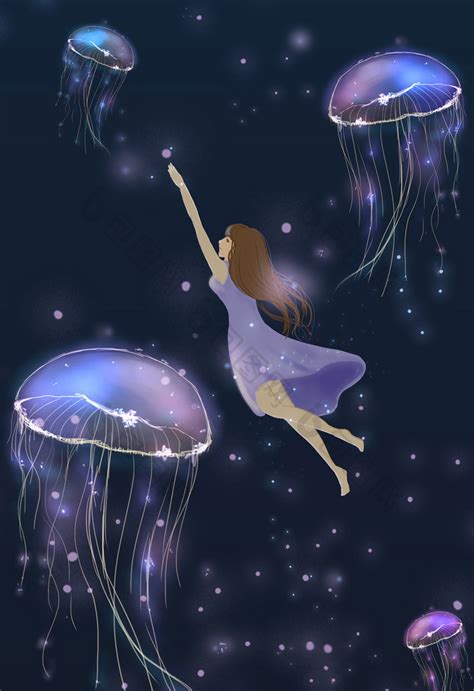 梦幻深海发光水母与女生插画图片-包图网