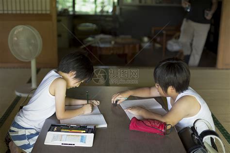 暑假做家庭作业的男孩们高清图片下载-正版图片502230526-摄图网