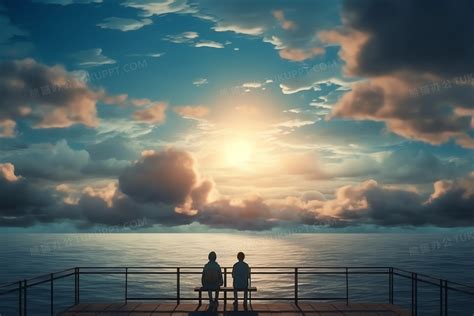 两个人坐在长椅上在海边看日落插画图片素材下载_jpg格式_熊猫办公