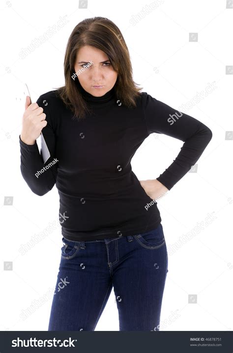 Standing Angry Woman In Black Blouse With Clipboard Stock Photo ...