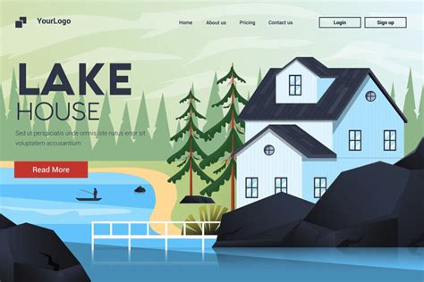 登陆页面模板湖屋矢量场景插图素材模版下载Flat Modern design Illustration of Mountain House ...