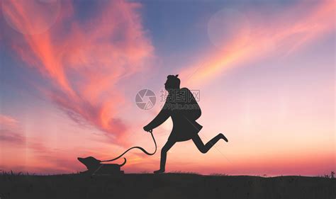 一个女子带着她的宠物狗看日落夕阳美景视频素材免费下载[万图聚视频素材网]